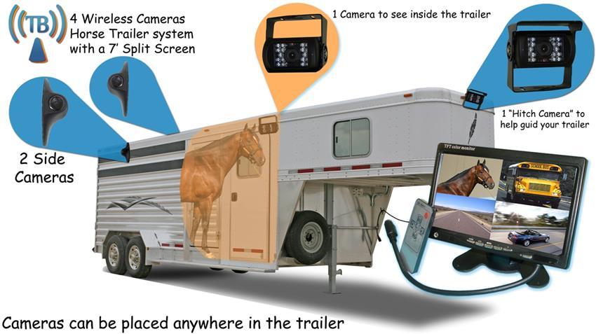 Horse Trailer Backup System with 4 Wireless Cameras and Rear View Monitor
