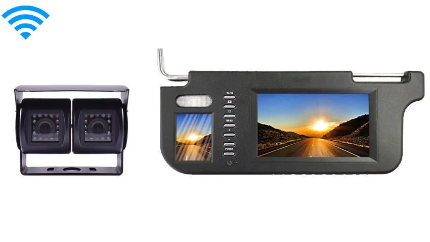 Wireless Double Lens RV Backup Camera with a Full Replacement Visor Monitor