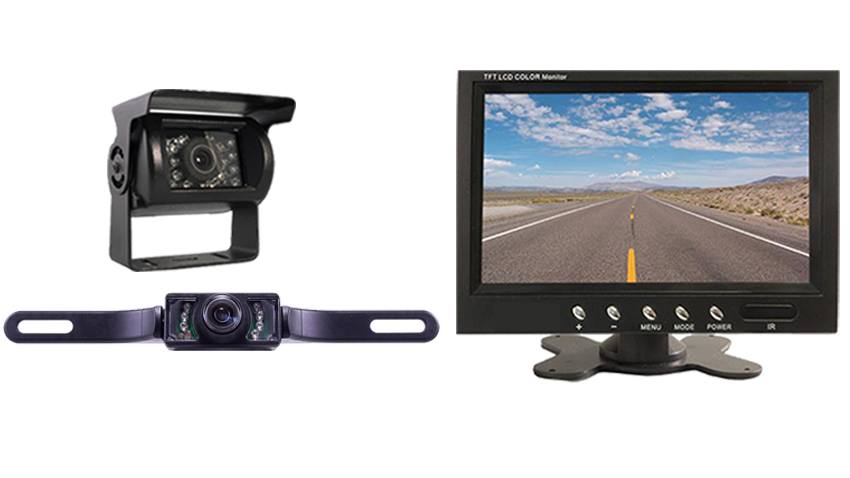 Wired two backup cameras fifth wheel system. RV backup camera, CCD license plate camera and 7 inch monitor 