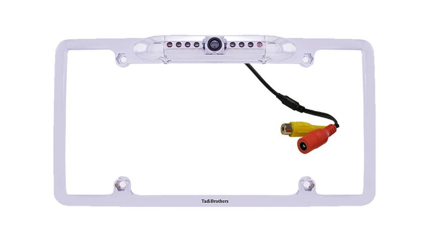 The white wired CCD license plate backup camera frame for cars, trucks, RVs, campers, trailers, and more.